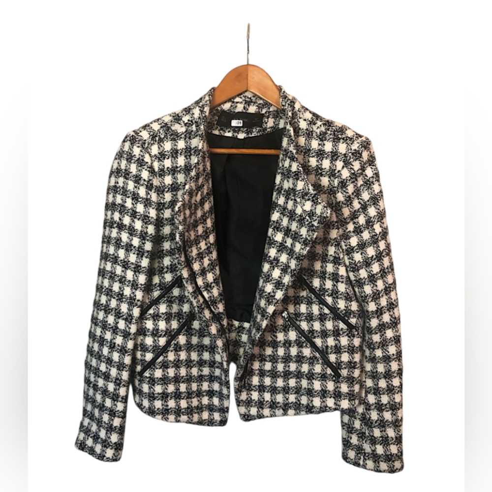 Zara gingham Moto blazer jacket black and white long sleeve zipper